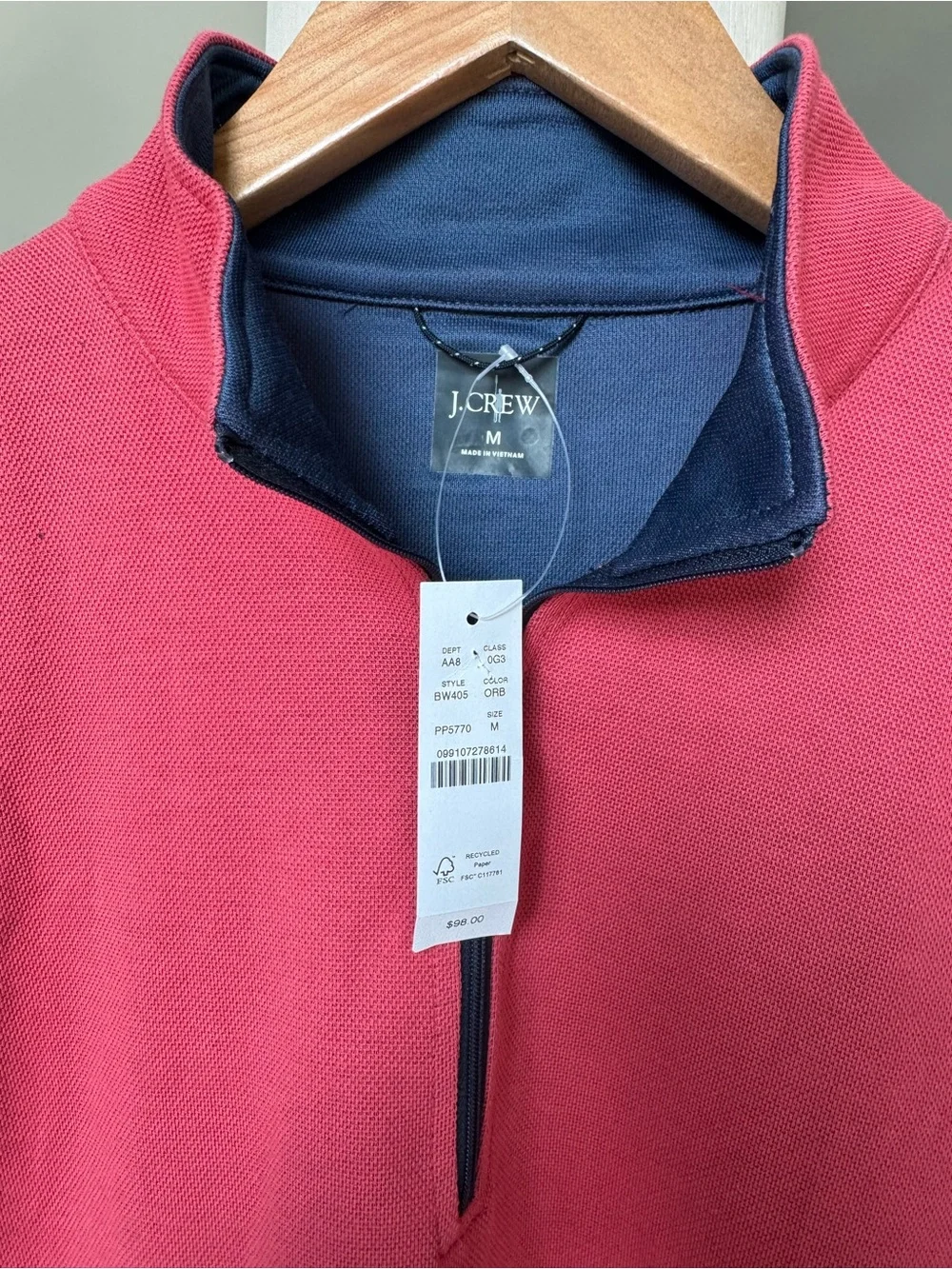 J. Crew Raspberry Quarter-Zip Pullover with Navy Trim NWT size M